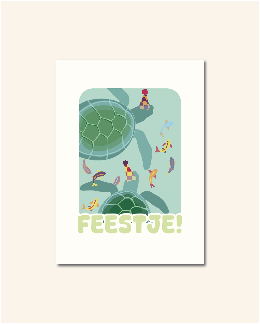Groen-blauwe uitnodigingen met schildpadden en feestmutsen. Set van 10 stuks zonder envelop. Dubbelzijdig bedrukt, waterpret thema. Ontworpen door Studio Bloos.