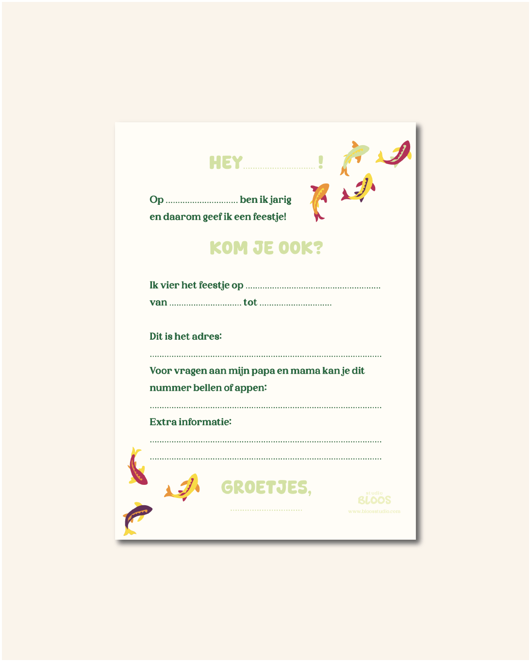 Groen-blauwe uitnodigingen met schildpadden en feestmutsen. Set van 10 stuks zonder envelop. Dubbelzijdig bedrukt, waterpret thema. Ontworpen door Studio Bloos.