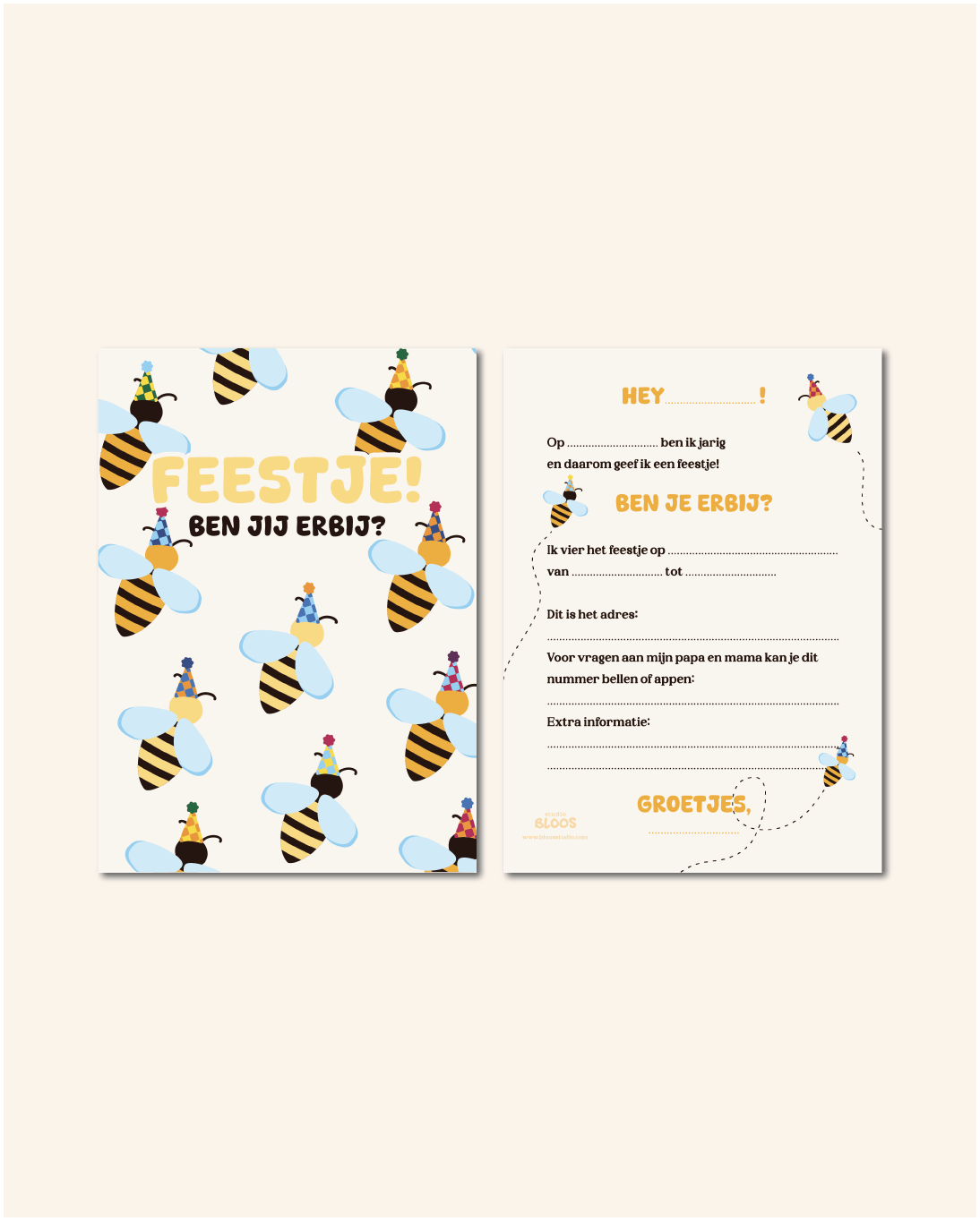 Gele uitnodigingen met bijen en de tekst “Ben je erBIJ?”. Set van 10 zonder envelop. Dubbelzijdig bedrukt, vrolijk ontwerp van Studio Bloos. Perfect voor kinderfeestjes.