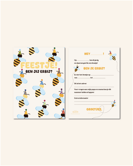 Gele uitnodigingen met bijen en de tekst “Ben je erBIJ?”. Set van 10 zonder envelop. Dubbelzijdig bedrukt, vrolijk ontwerp van Studio Bloos. Perfect voor kinderfeestjes.