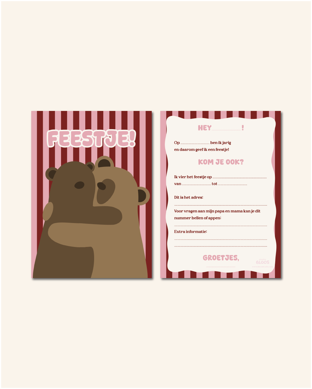 Schattige roze uitnodigingen voor kinderfeestjes met knuffelbeer design. Set van 10 stuks zonder envelop. Dubbelzijdig bedrukt met invulvakken. Gedrukt in Nederland.