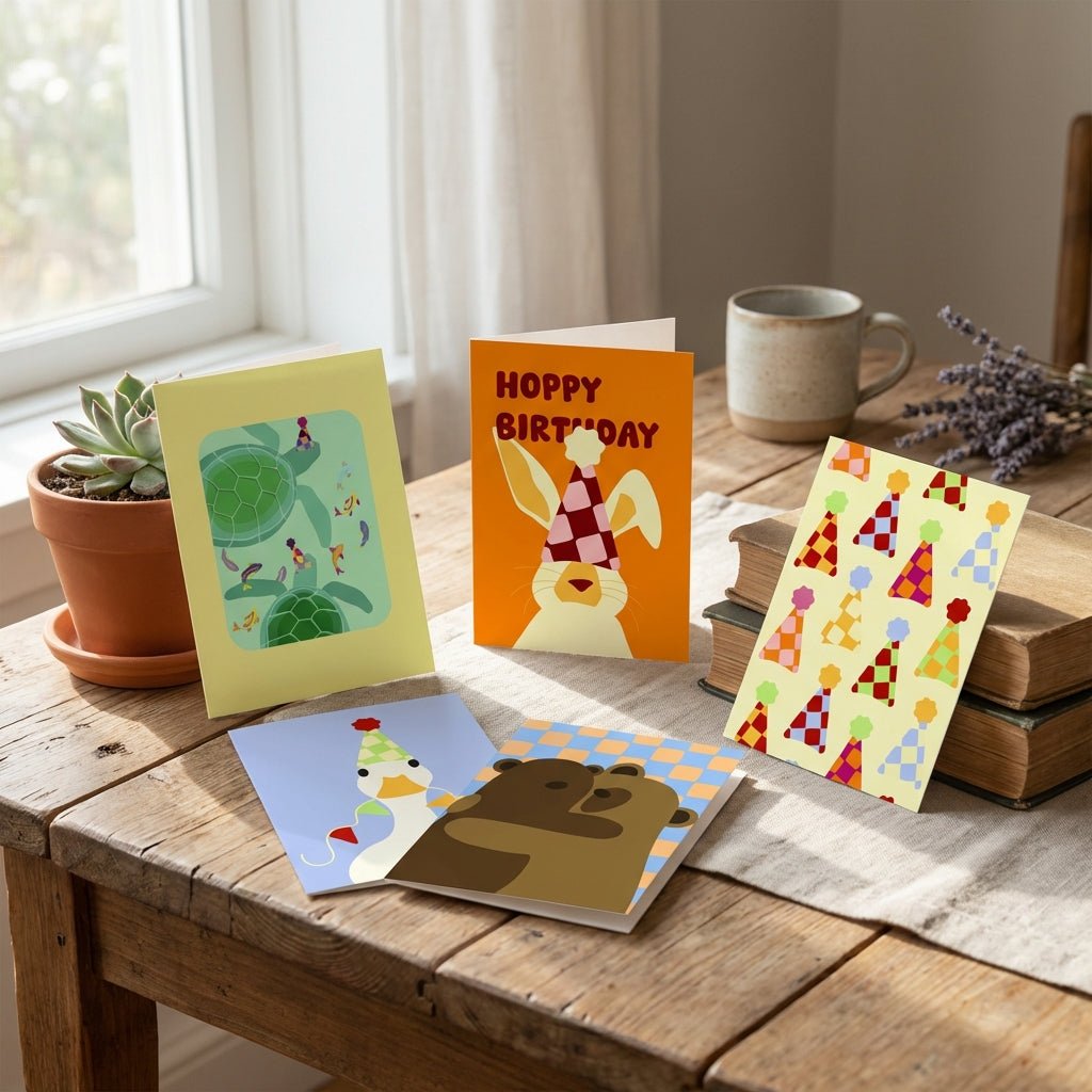 een selectie wenskaarten van studio bloos  displayed op tafel met rustige omgeving en kalme lichtgevend